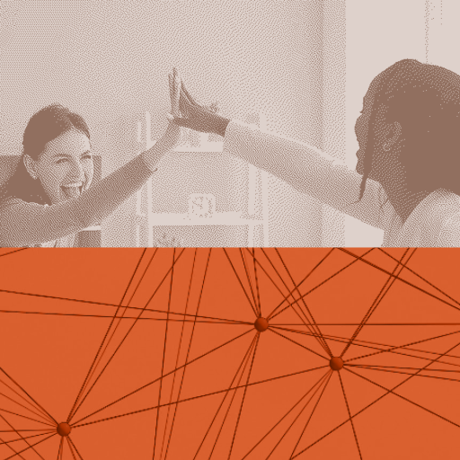 Two people smiling and giving each other a high five above an orange graphic with interconnected lines and dots.