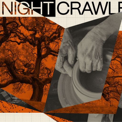 Collage with "The Nightcrawler" text, an image of a tree, two photos of elderly hands working with clay—reminiscent of Warren Buffett’s wisdom—and partial faces of an older person, all highlighted by orange accents.