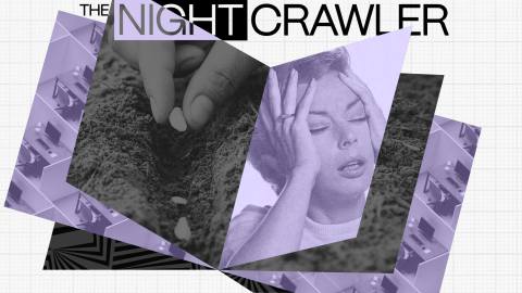 A collage titled "The Nightcrawler," featuring a hand planting a seed, a distressed woman holding her head, and repetitive office cubicles in purple tones, explores trust amid cycles of anxiety and routine.