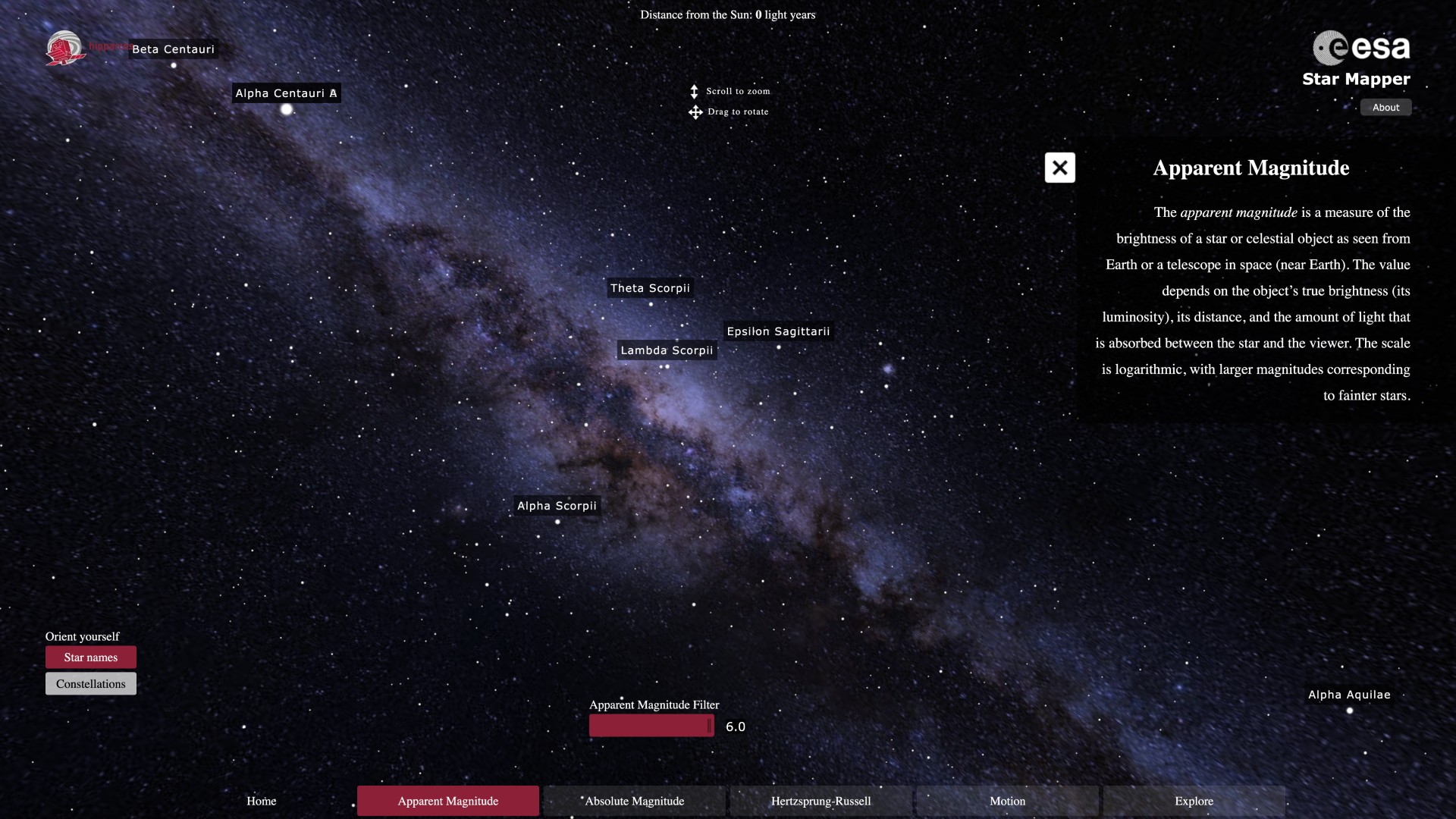 A star map view of the Milky Way with labeled stars and constellations, and an information box explaining apparent magnitude in astronomy.