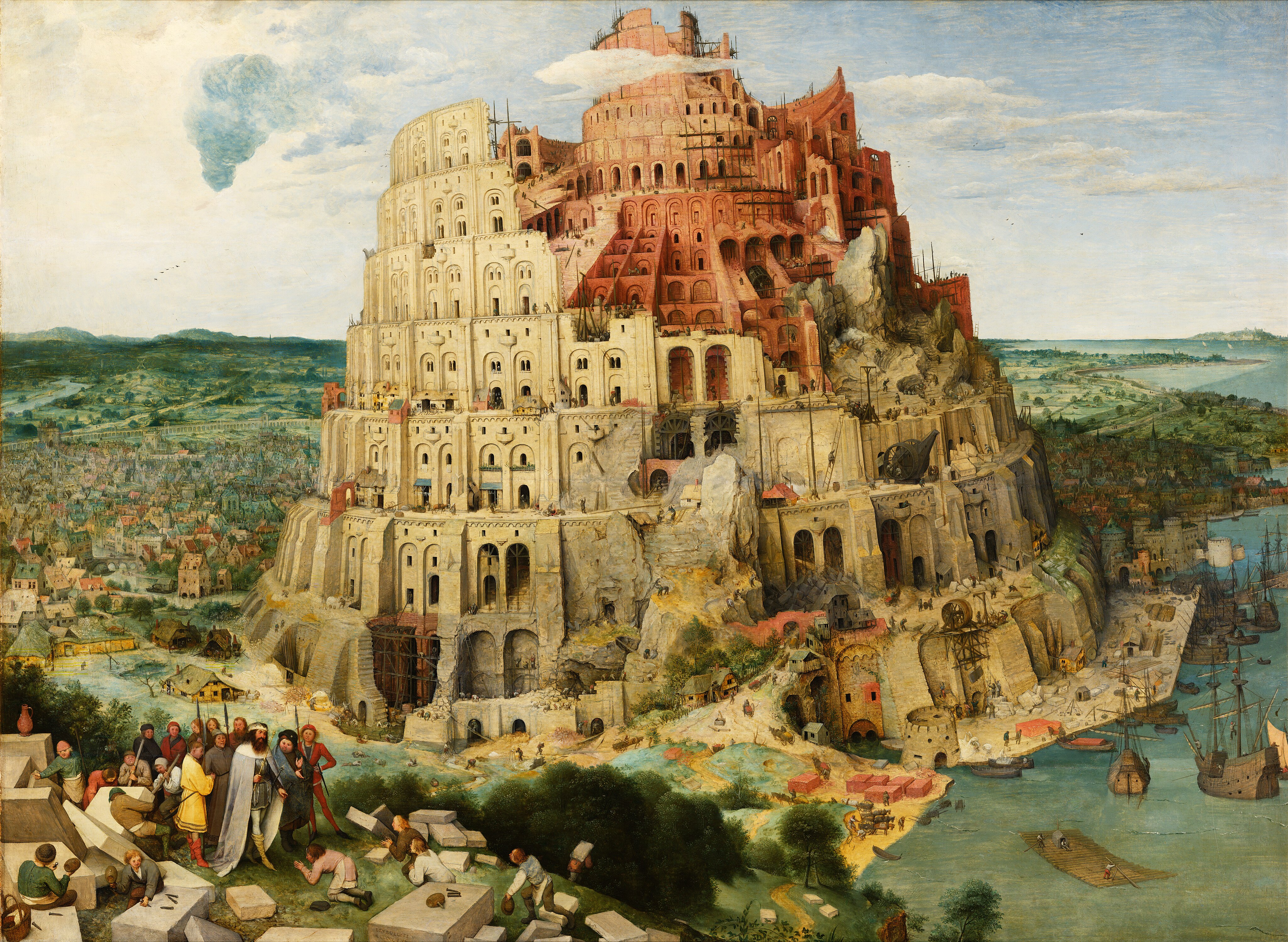 Painting of a large, partially constructed tower with many arches, surrounded by people, buildings, ships, and a landscape in the background.