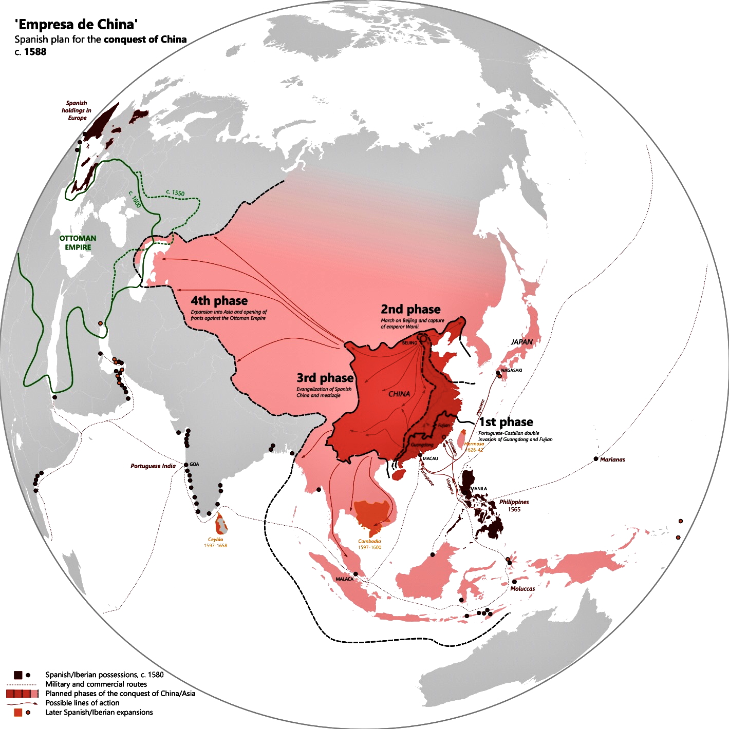 Map showing the Spanish plan for the conquest of China circa 1588, with labeled phases of expansion, routes, and territorial possessions across Asia and the Pacific.