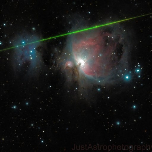 The Orion Nebula surrounded by stars, with a bright green meteor streaking diagonally across the image, evokes the wonder of shooting stars illuminating the night sky.