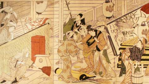 Japanese woodblock print of people sweeping and cleaning a kondo, with straw mats, lanterns, and various objects visible in the background.