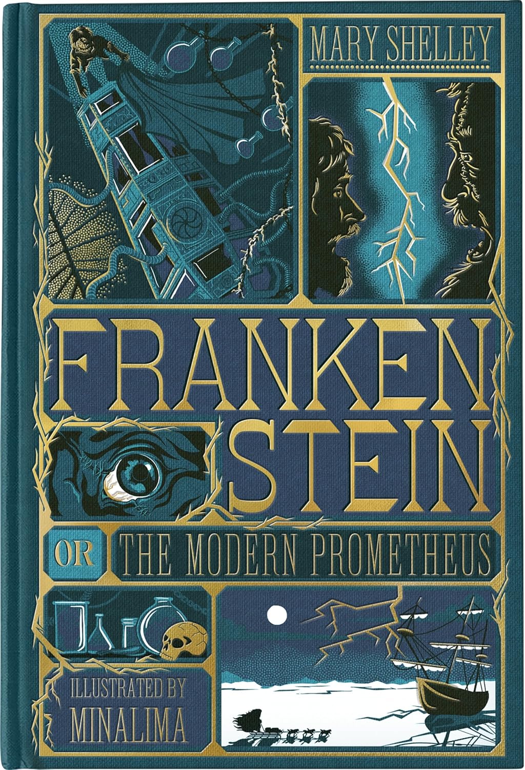 Book cover for "Frankenstein or The Modern Prometheus" by Mary Shelley, featuring illustrated scenes, lightning, and metallic gold and blue accents; illustrated by Minalima.