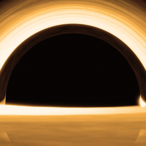 A digitally rendered black hole with a dark center and a glowing, distorted ring of light surrounding it.