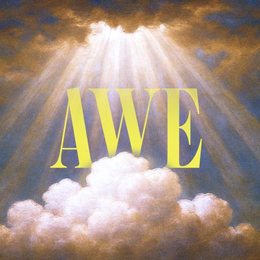 A beam of light shines through clouds in a painted sky, with the word "AWE" in large yellow letters centered in the image.