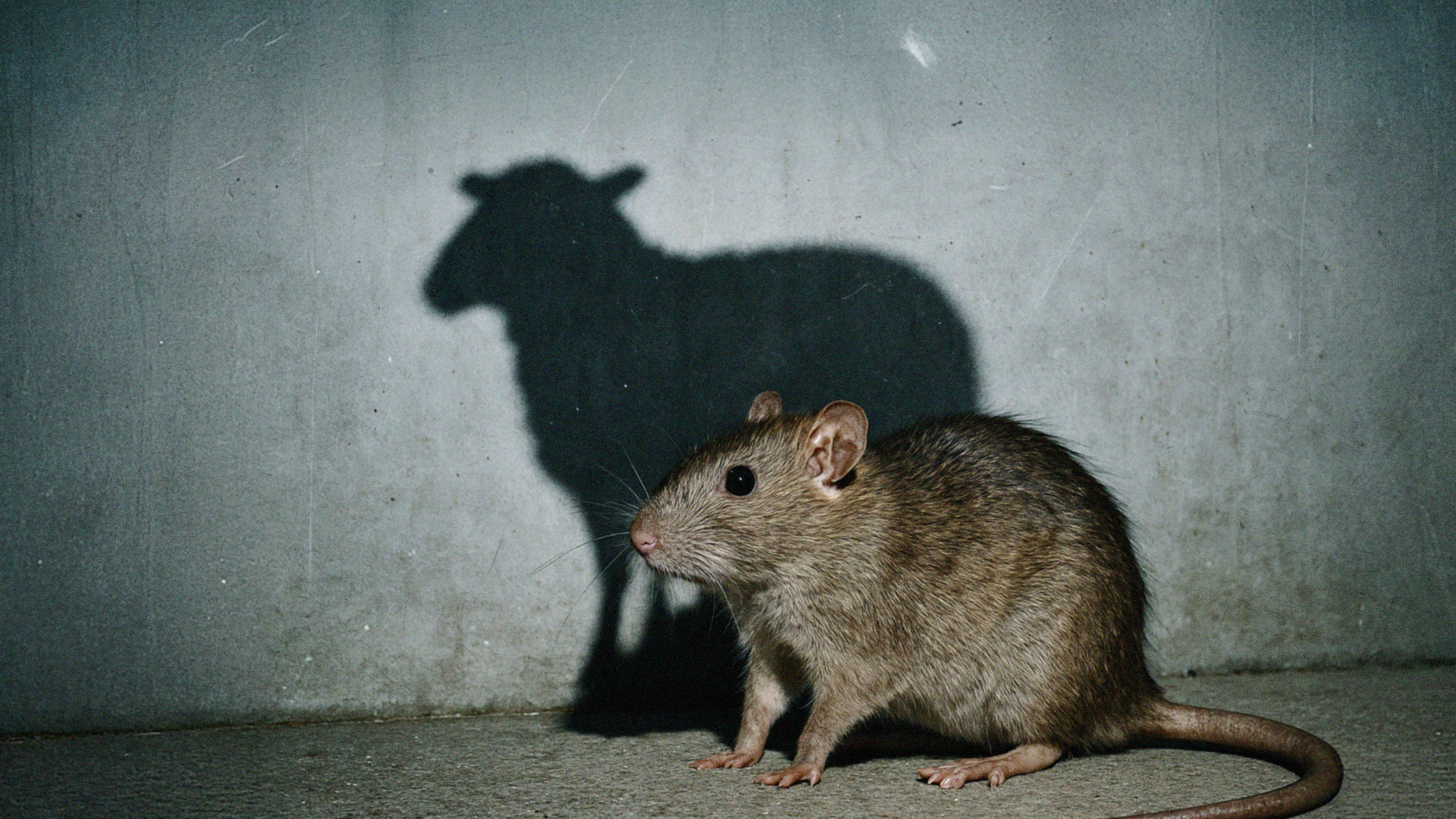 A rat stands on a concrete floor, casting a shadow on the wall that resembles the shape of a sheep.