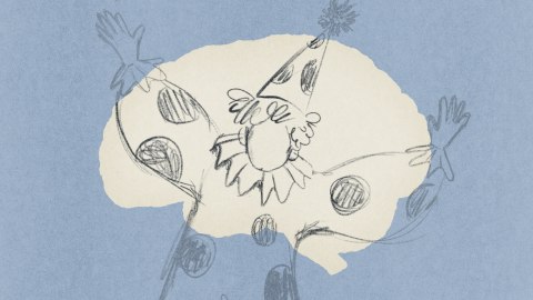 A pencil sketch of a clown with raised arms, wearing a pointed hat and a polka-dot costume, on a blue and off-white background.