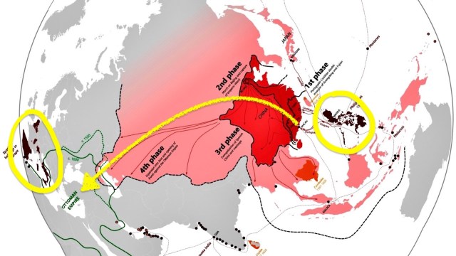 A color-coded map of Asia shows four migration phases from China, with arrows pointing toward Papua New Guinea and the Andaman Islands, both circled in yellow.