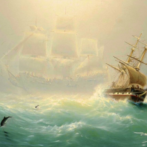 A wooden sailing ship faces rough seas, with waves and dolphins in the foreground; a Dash ghost ship appears mysteriously in the mist behind.
