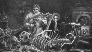 A person in a laboratory stands behind a large skeleton on a table, surrounded by scientific equipment, with a lit candle providing illumination.