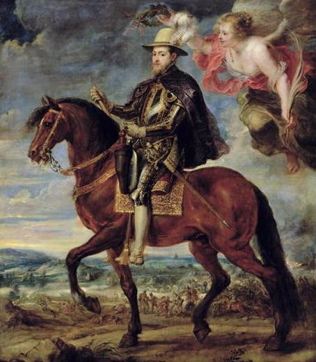 A man in ornate armor rides a brown horse, holding a baton, while a winged woman hovers behind him in the sky. A battle scene unfolds in the background.
