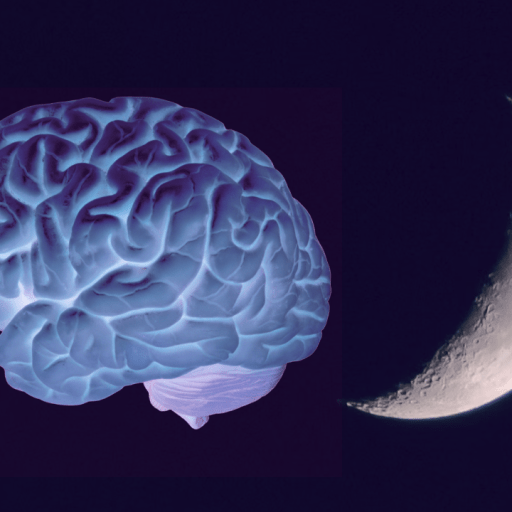A digital illustration of a human brain next to a crescent moon on a dark background.
