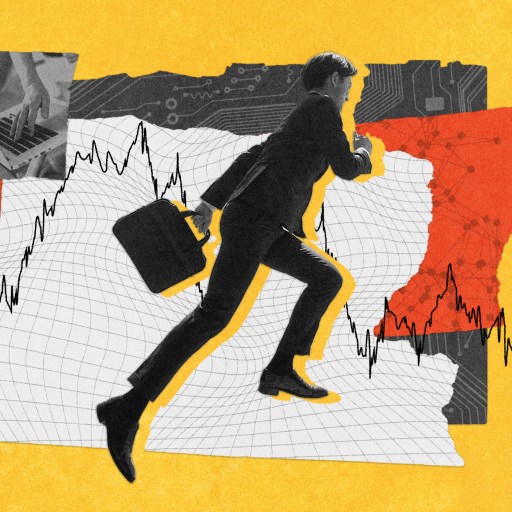 A person in business attire running with a briefcase against a backdrop of fluctuating stock charts and abstract geometric shapes.
