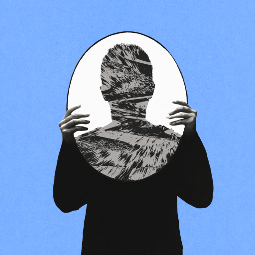 A person holds an oval mirror in front of their face against a blue background, with their reflection appearing abstract and distorted, evoking the surreal influence of ai on self-perception.