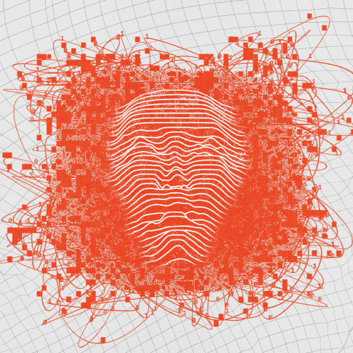 A stylized orange and white face-like shape composed of wavy lines and interconnected geometric patterns on a grid background.