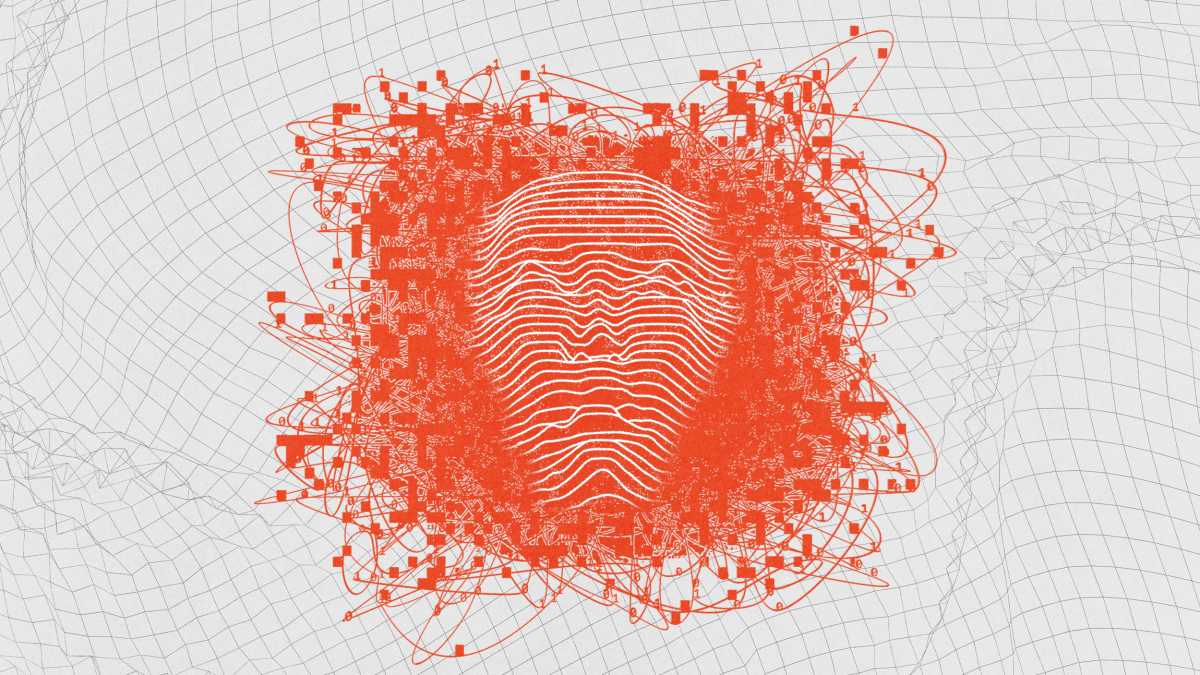 A stylized orange and white face-like shape composed of wavy lines and interconnected geometric patterns on a grid background.