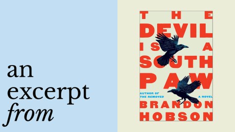 Book cover of The Devil Is a Southpaw by Brandon Hobson featuring two black birds; text on left reads "an excerpt from" on a light blue background.