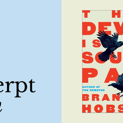 Book cover of The Devil Is a Southpaw by Brandon Hobson featuring two black birds; text on left reads "an excerpt from" on a light blue background.