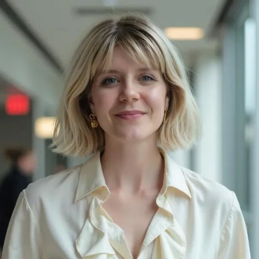 A woman with short blonde hair and a cream blouse stands indoors in a well-lit hallway, looking at the camera and smiling slightly.