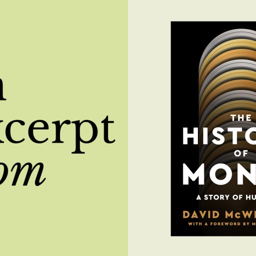 Cover of the book "The History of Money" by David McWilliams, shown beside the text "an excerpt from" on a light green background, with subtle Fibonacci-themed details adding a mathematical touch.