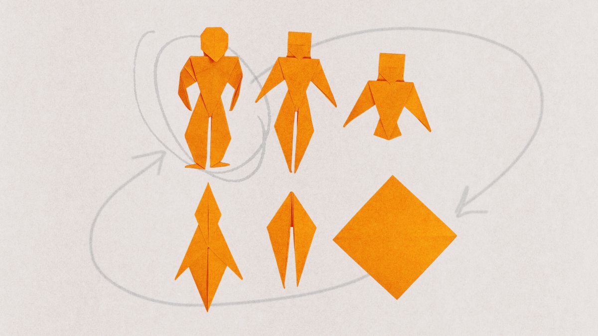 Six orange origami shapes on a light background, with hand-drawn arrows connecting them to illustrate a progression or transformation—evoking themes of change and even human extinction.