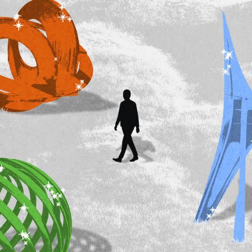 A silhouette of a person walks among three large abstract sculptures—one orange, one green, one blue—on a textured gray and white ground, creating a scene of art immersion.