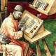 A medieval scribe sits at a desk, writing in a manuscript with quill and ink, surrounded by open books and a basket holding writing supplies.