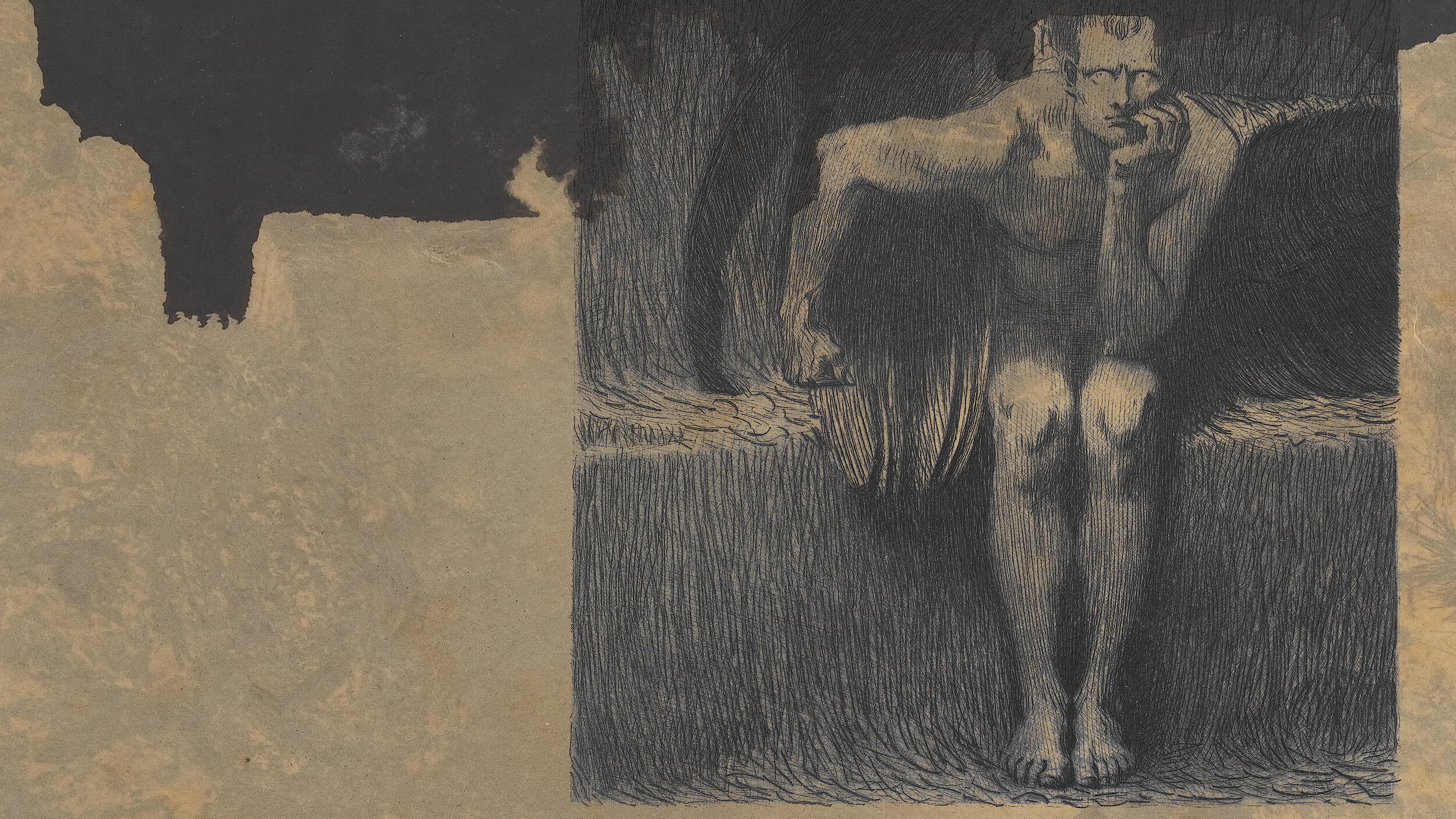 A sketch of a seated, nude figure resting their chin on one hand, surrounded by dark shading and a textured background, evokes an atmosphere of philosophy horror.