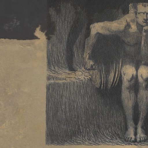 A sketch of a seated, nude figure resting their chin on one hand, surrounded by dark shading and a textured background, evokes an atmosphere of philosophy horror.