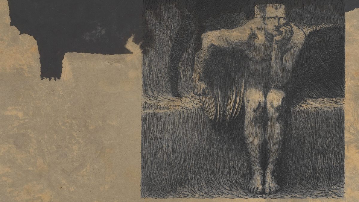 A sketch of a seated, nude figure resting their chin on one hand, surrounded by dark shading and a textured background, evokes an atmosphere of philosophy horror.
