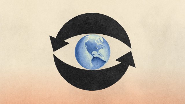 An illustration of an eye outline formed by two black arrows, with a blue Earth at the center where the iris would be, on a textured beige and peach background.