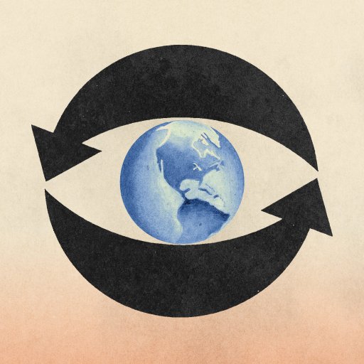 An illustration of an eye outline formed by two black arrows, with a blue Earth at the center where the iris would be, on a textured beige and peach background.