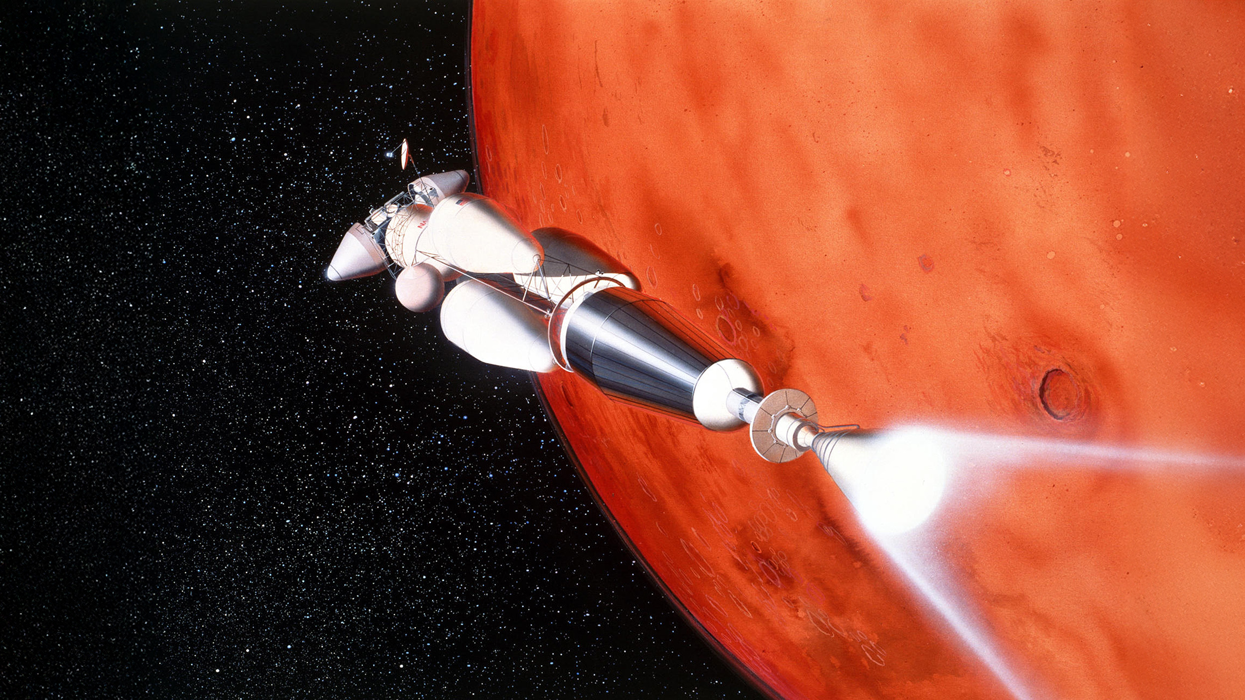 A spacecraft with bright engine exhaust approaches Mars, depicted with its reddish surface and a large crater visible.