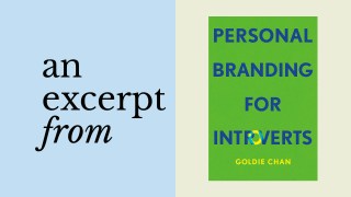 On the left, text reads "an excerpt from" on a pale blue background; on the right is Goldie Chan’s book cover for "Personal Branding for Introverts.