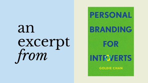 On the left, text reads "an excerpt from" on a pale blue background; on the right is Goldie Chan’s book cover for "Personal Branding for Introverts.