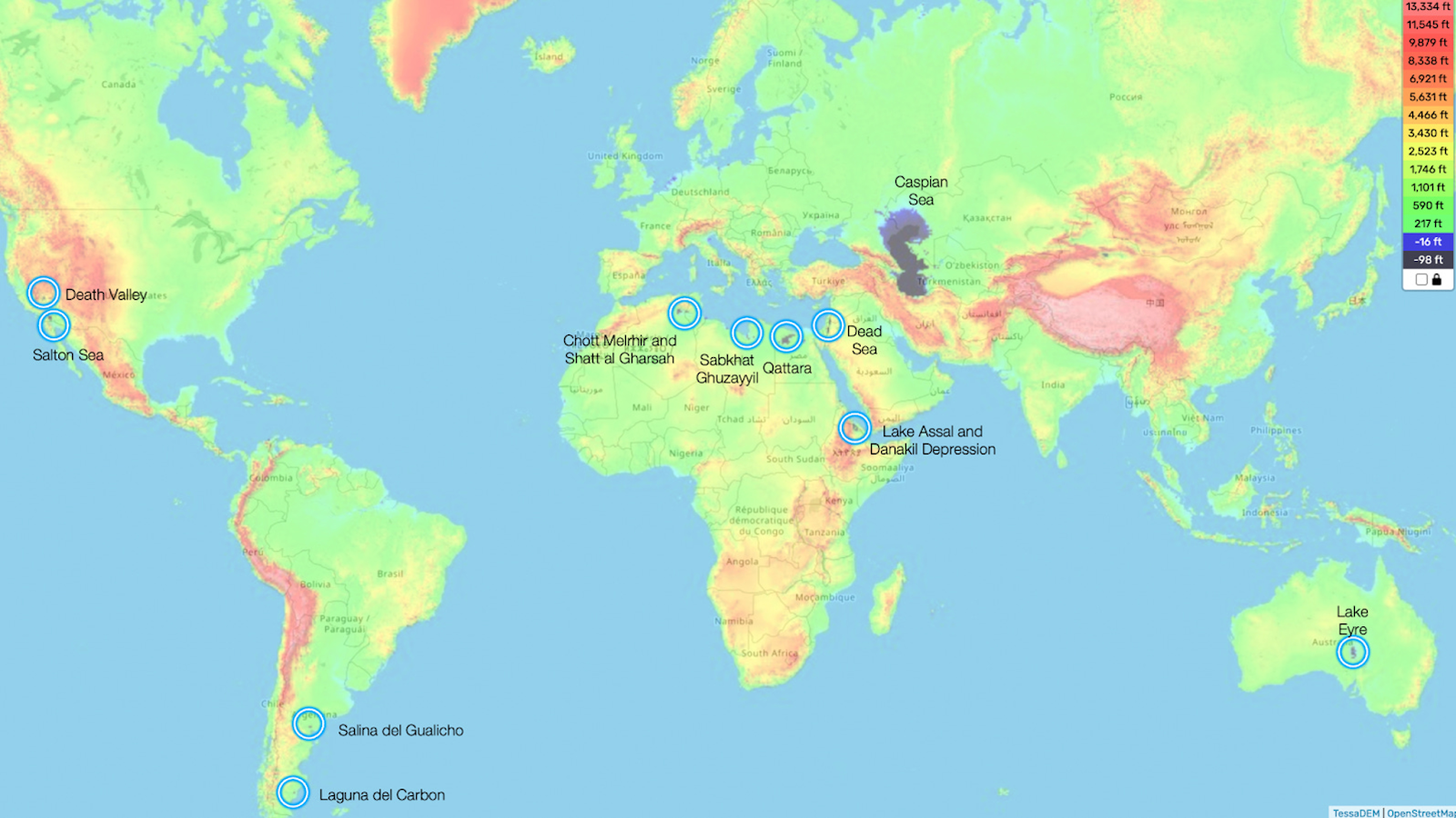 A world map shows the locations of Earth's lowest land points, marked with blue circles and labeled with their names and relative elevations.