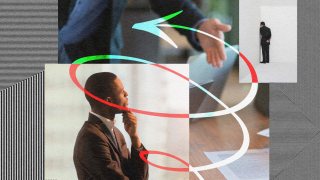 A collage featuring Andrew Markell thinking at a desk, a close-up of a handshake, and a person standing alone, overlaid with swirling red and green arrows.