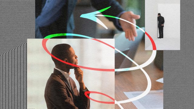 A collage featuring Andrew Markell thinking at a desk, a close-up of a handshake, and a person standing alone, overlaid with swirling red and green arrows.