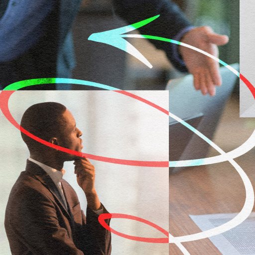 A collage featuring Andrew Markell thinking at a desk, a close-up of a handshake, and a person standing alone, overlaid with swirling red and green arrows.