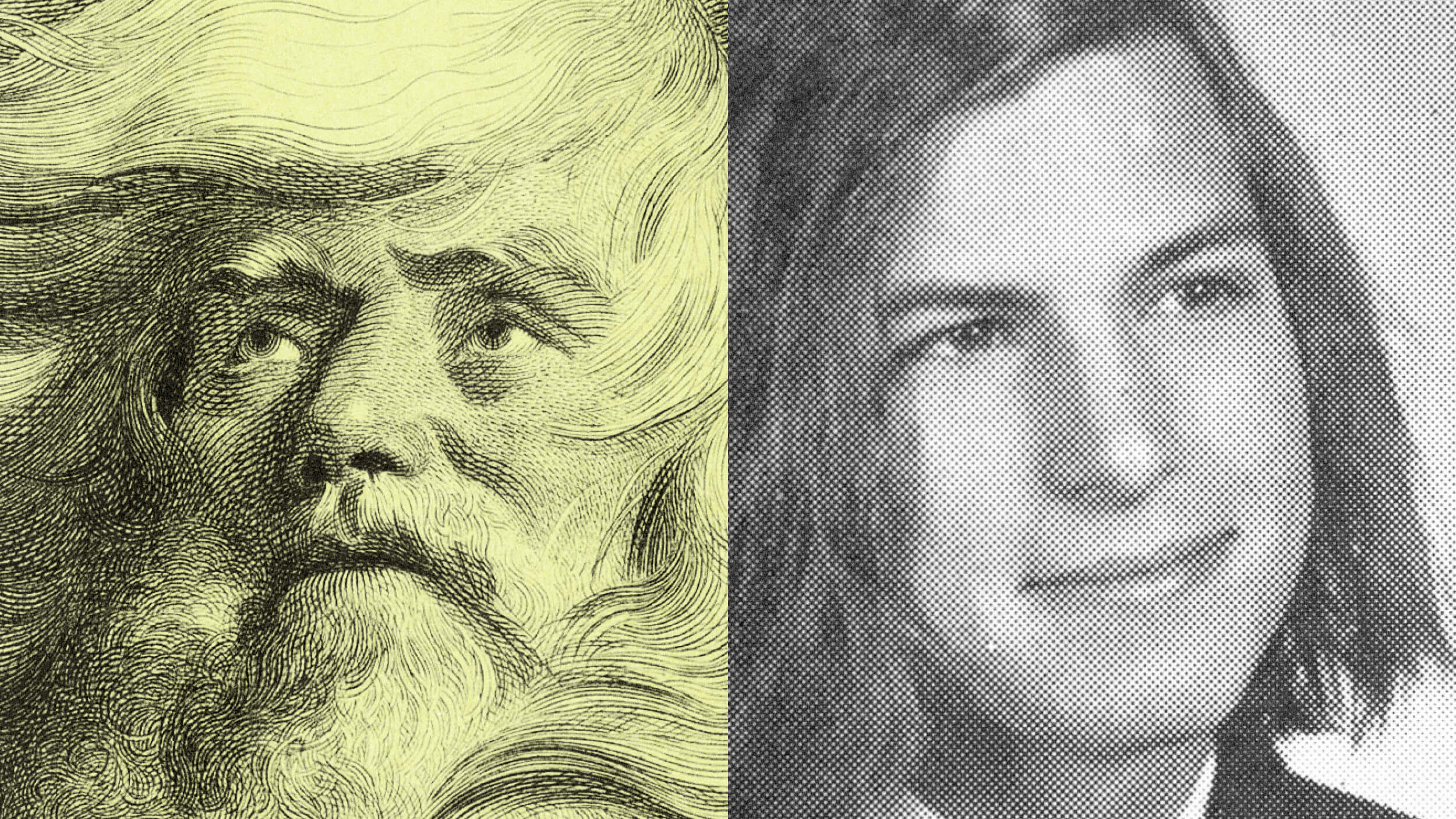 A split image showing a detailed drawing of a bearded man on the left and a black-and-white portrait of a young Steve Jobs with long hair on the right.