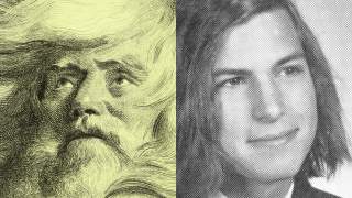 A split image showing a detailed drawing of a bearded man on the left and a black-and-white portrait of a young Steve Jobs with long hair on the right.