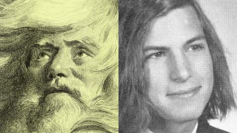 A split image showing a detailed drawing of a bearded man on the left and a black-and-white portrait of a young Steve Jobs with long hair on the right.