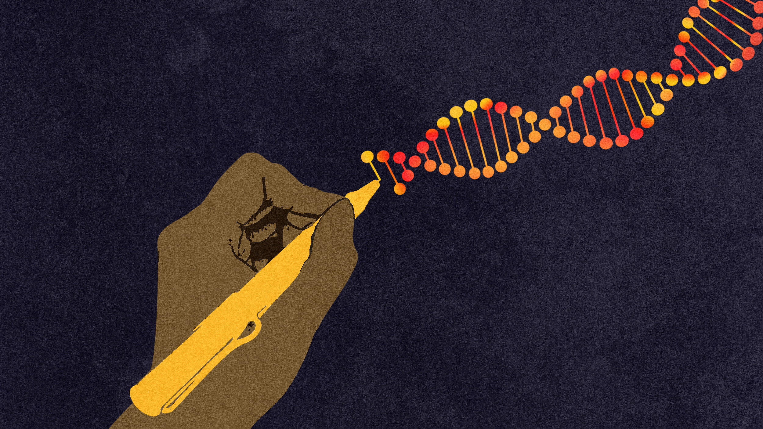 Illustration of a hand holding a pen, drawing a DNA double helix made of colored dots on a dark background.
