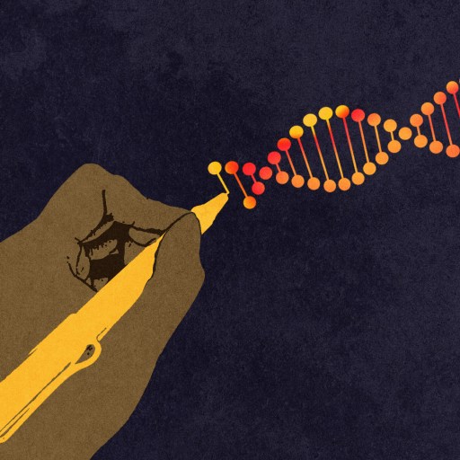 Illustration of a hand holding a pen, drawing a DNA double helix made of colored dots on a dark background.