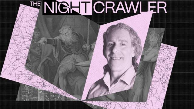 A grayscale portrait of a smiling man is overlaid on classical artwork with pink and black graphic elements, evoking a sense of desire. The text at the top reads "THE NIGHT CRAWLER.