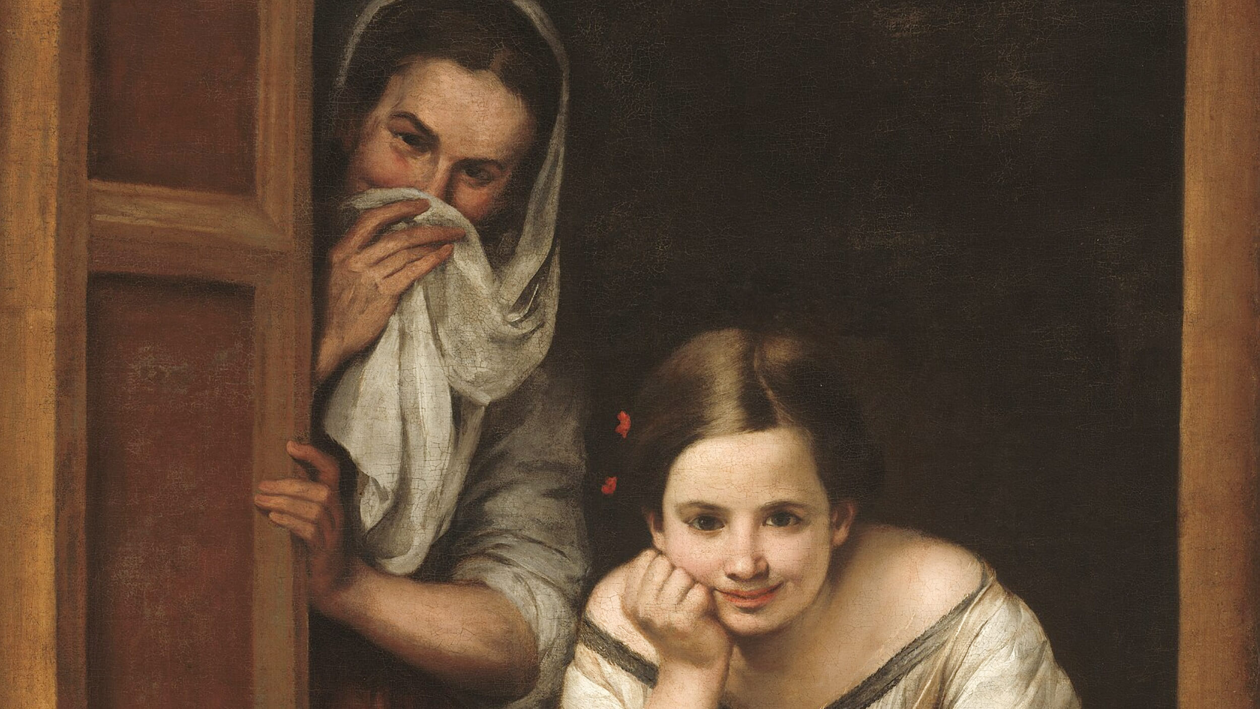Two women at a window; one leans on the sill smiling, perhaps sharing jokes, while the other stands behind, partially concealed, holding a white cloth to her face.