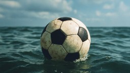A black and white soccer ball floats on the surface of the ocean under a partly cloudy sky.