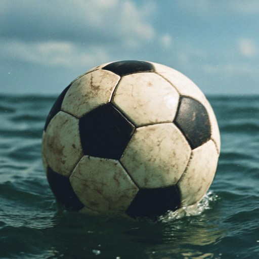 A black and white soccer ball floats on the surface of the ocean under a partly cloudy sky.